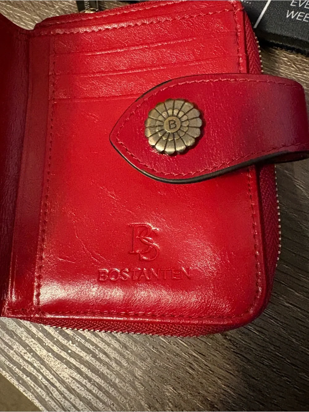 Bostonian Red Leather Women's Snap Wallet with Floral Button